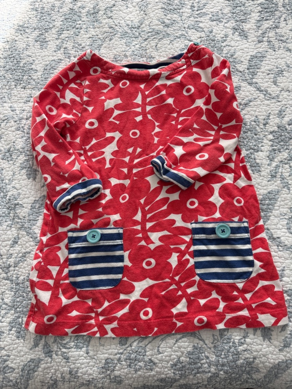 Mini Boden Red Floral Knit Tunic with Navy Stripe Pockets